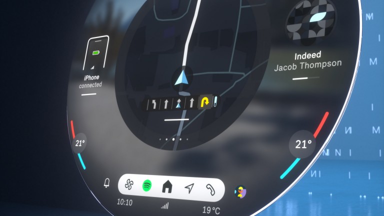 MINI okrugli ekran u JCW režimu sa navigacionim ekranom i kontrolnim elementima