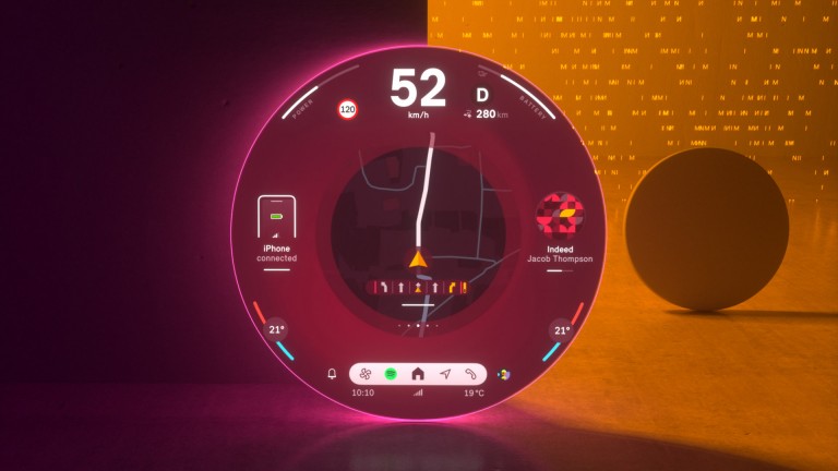 MINI okrugli ekran u Vivid režimu koji prikazuje ekran za navigaciju